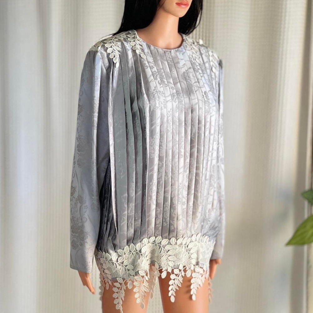 Vintage 80s Jessica McClintock Gray Silk Pleated Lace Blouse Cottage Coquette 10